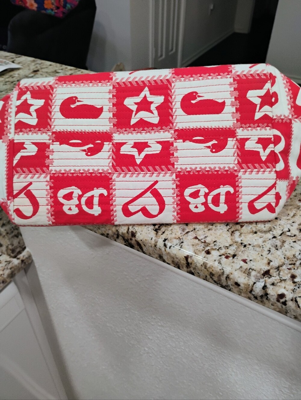 Dooney And Bourke Red & White Patterned Tote with Leather Handles. - Picture 4 of 5